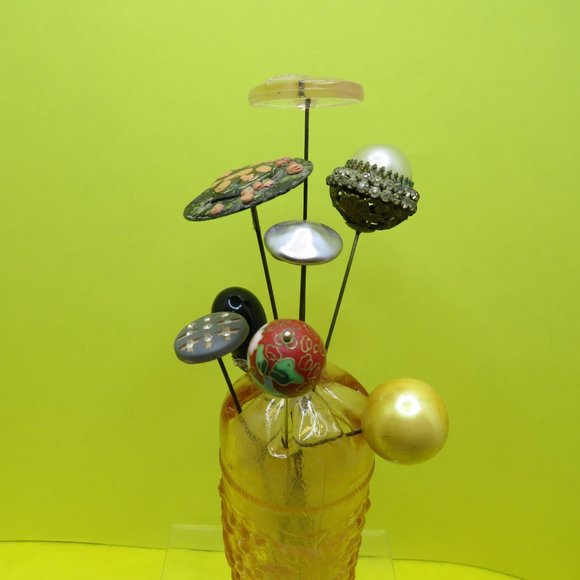 VTG Northwood Footed Pink Glass Grape Pattern Hat Pin Vase Holder w/8 Hat Pins. main image 5
